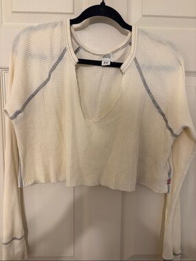 BDG Urban Outfitter Waffle-Knit Cropped Long-Sleeve Top with Contrast Seams